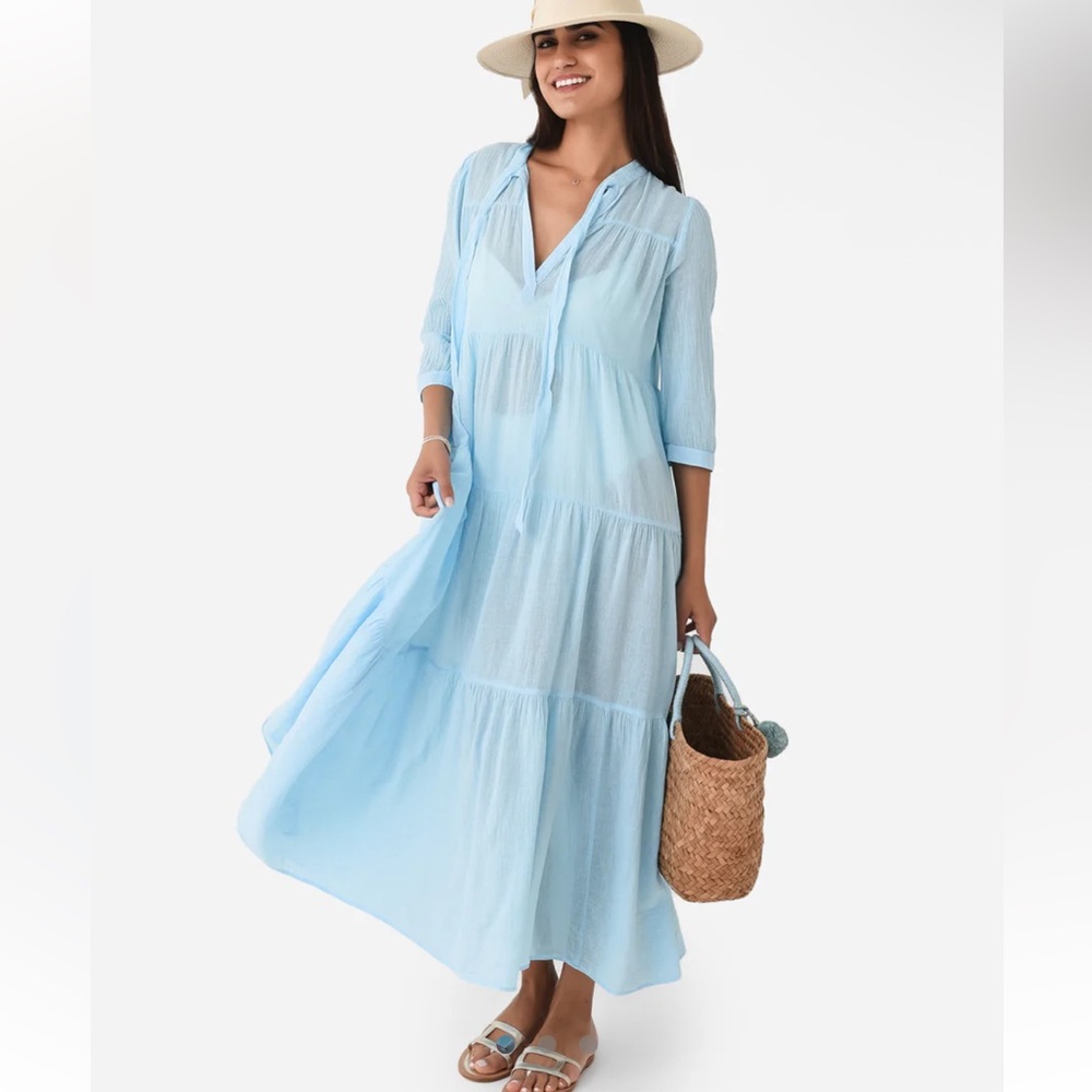 Serene Light Blue Tiered Swim Coverup Maxi Dress